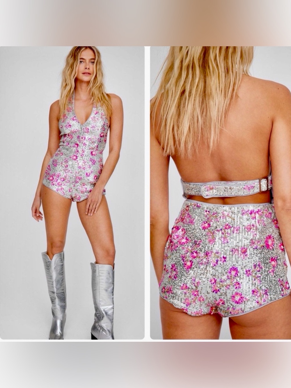 Nasty Gal Sequin Silver Pink Halter Romper Shorts EXTREMELY RARE